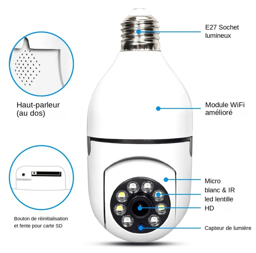 Camera de surveillance intérieure WiFi sans fil ampoule